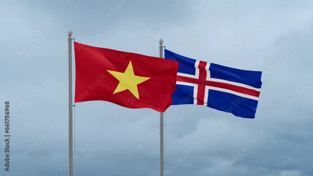 Iceland and Vietnam flag waving together on cloudy sky, endless seamless loop, two country cooperation concept