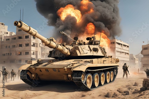 War situation in Israel with military tank and blast ai generative image photo