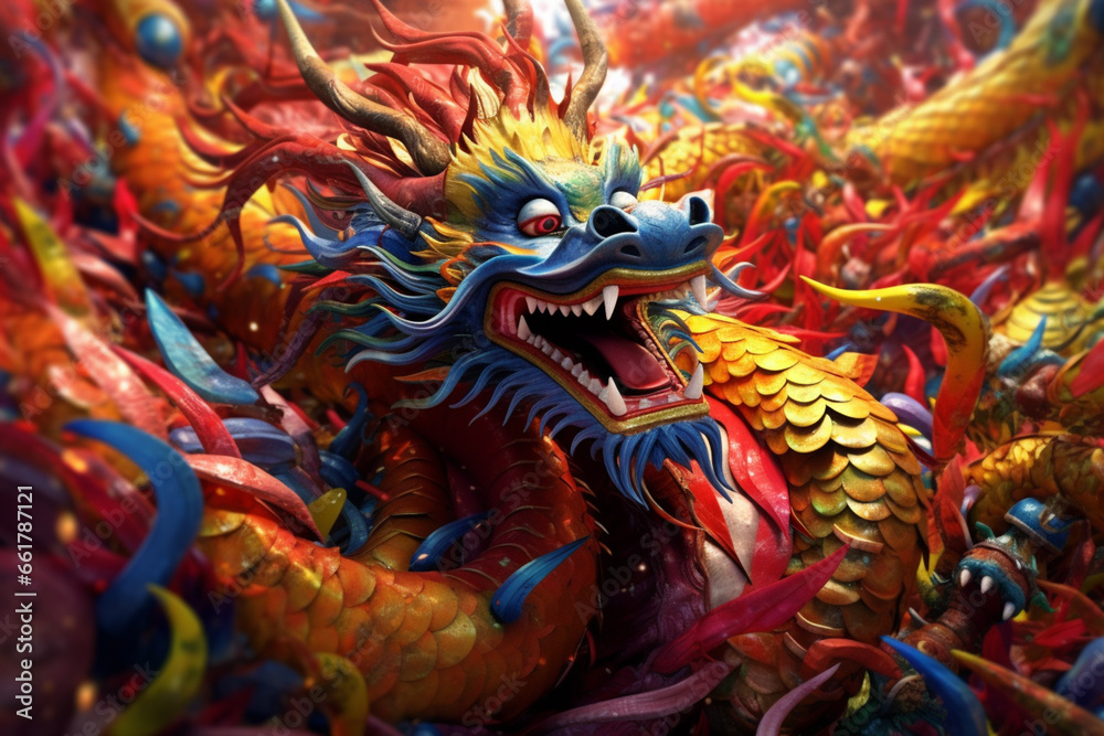  An image featuring abstract interpretations of the vibrant and energetic dragon dance, with dynamic shapes and vivid colors. 