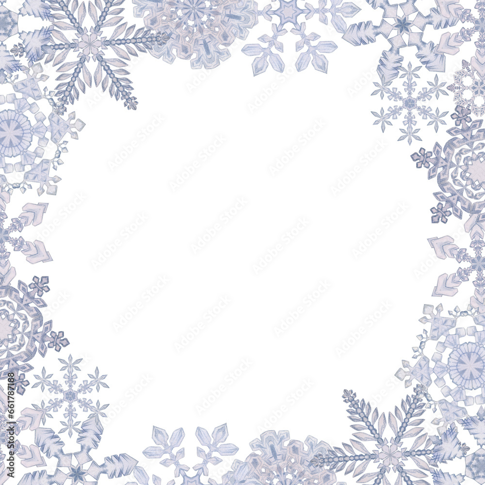 Hand drawn watercolor snowflakes, blue and silver water ice crystals frozen in winter. Illustration isolated border frame, white background. Design for holiday poster, print, website, card, invitation Hand drawn watercolor snowflakes, blue and silver water ice crystals frozen in winter. Illustration isolated border frame, white background. Design for holiday poster, print, website, card, invitation