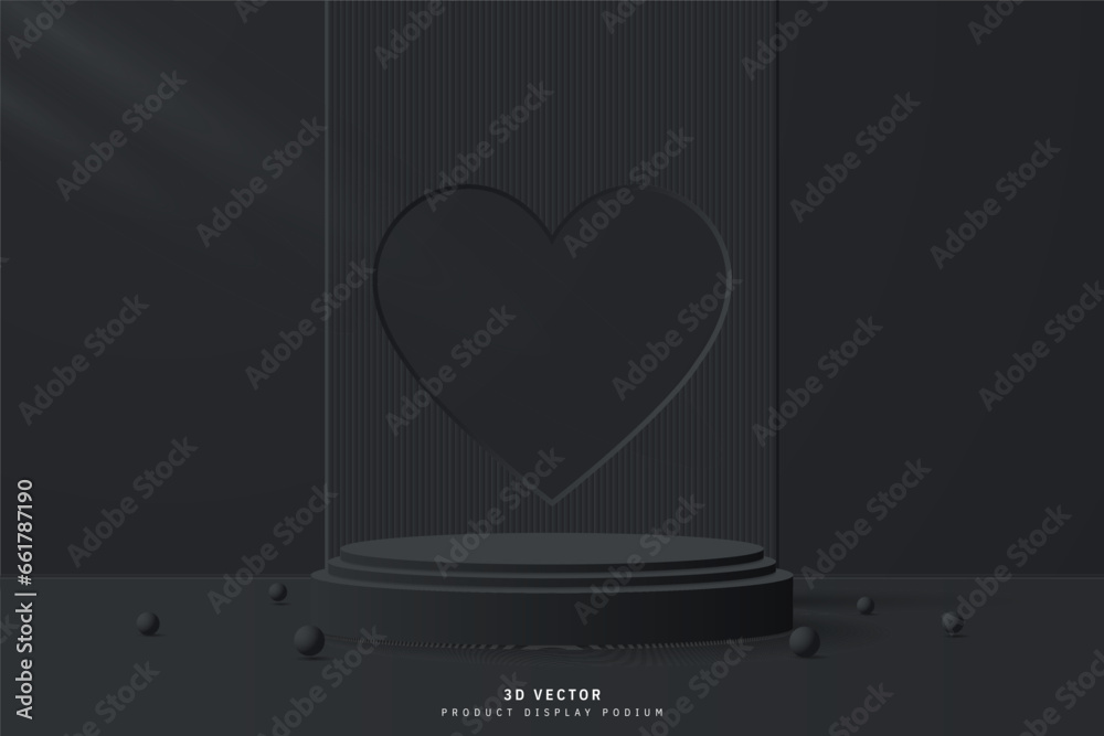 Black 3D cylinder podium pedestal realistic with heart shape hole or window on backdrop and sphere balls. Valentine day scene for promotion and advertise product. 3D vector geometric platform design - obrazy, fototapety, plakaty 