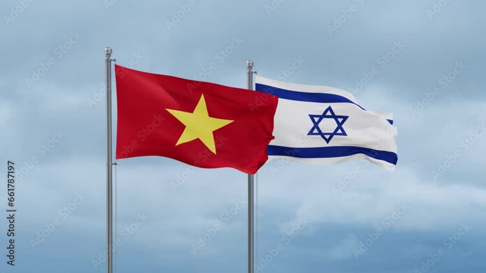 Israel flag and Vietnam flag waving together on cloudy sky, endless seamless loop, two country relations concept Israel flag and Vietnam flag waving together on cloudy sky, endless seamless loop, two country relations concept