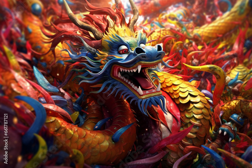  An image featuring abstract interpretations of the vibrant and energetic dragon dance, with dynamic shapes and vivid colors. 