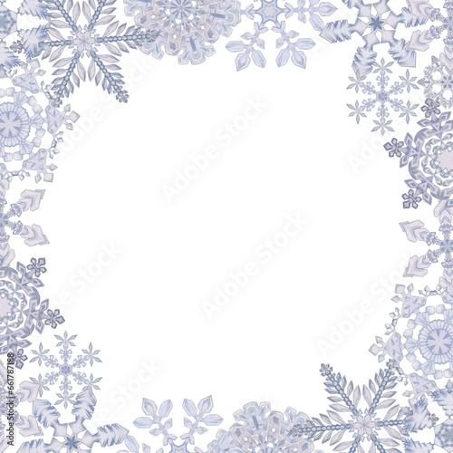 Fototapeta Naklejka Na Ścianę i Meble -  Hand drawn watercolor snowflakes, blue and silver water ice crystals frozen in winter. Illustration isolated border frame, white background. Design for holiday poster, print, website, card, invitation