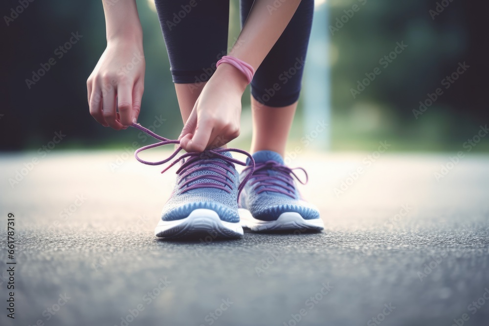 A young sporty woman on her morning run. Close up of the hand, tiding shoes strings. Sport and healthy life concept. AI generated image.  - obrazy, fototapety, plakaty 