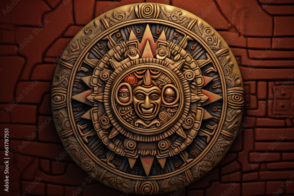 An image featuring abstract interpretations of the Aztec Sun Stone, with intricate patterns and warm earth tones. 