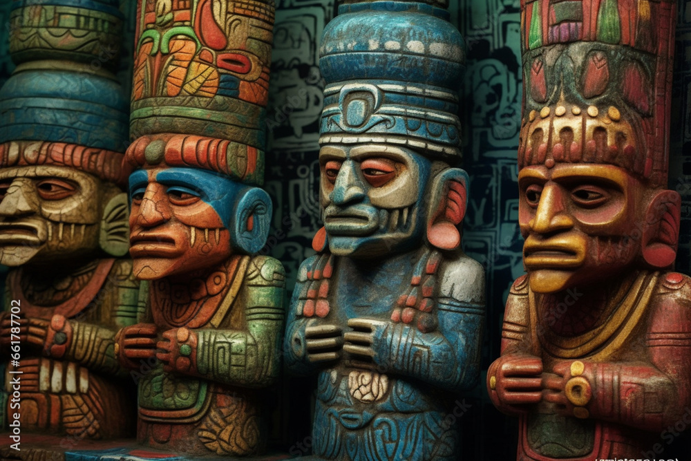 An abstract portrayal of shamanic figures in Olmec art, with mystical shapes and a subdued color palette. 