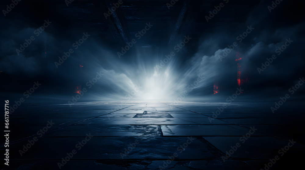 A dark empty street, dark blue background, an empty dark scene, neon light, spotlights The asphalt floor and studio room with smoke float up the interior texture. night view