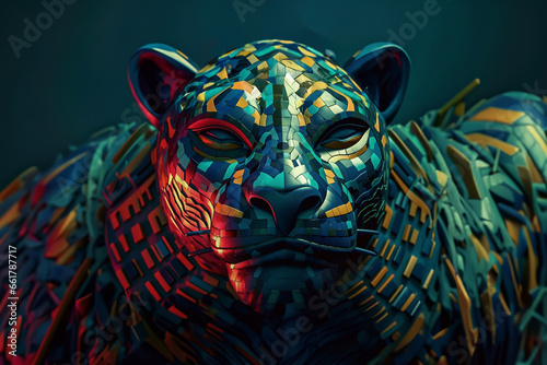 An abstract depiction of Olmec jaguar imagery, with sleek lines and a bold color palette. 