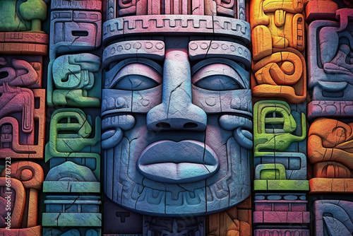 An abstract portrayal of iconic Olmec symbols, with abstract shapes and a symbolic color palette. 