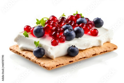 Dessert cracker sandwich with fruits. Morning crunchy breakfast creamy snack. Generate ai