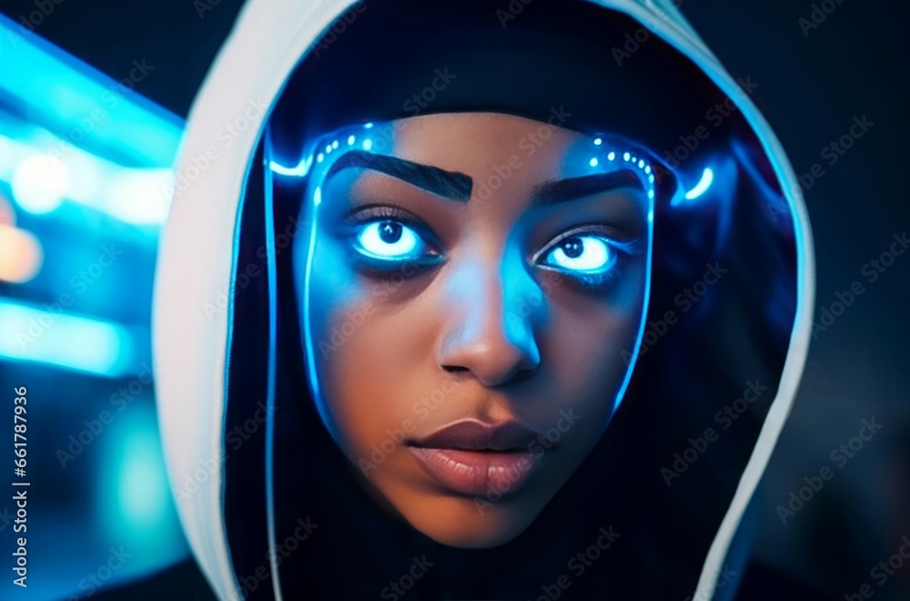 Cyberpunk nun futuristic. Cyber woman with glowing blue eyes. Generate ai