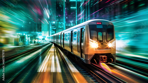 A train traveling through busy city lights