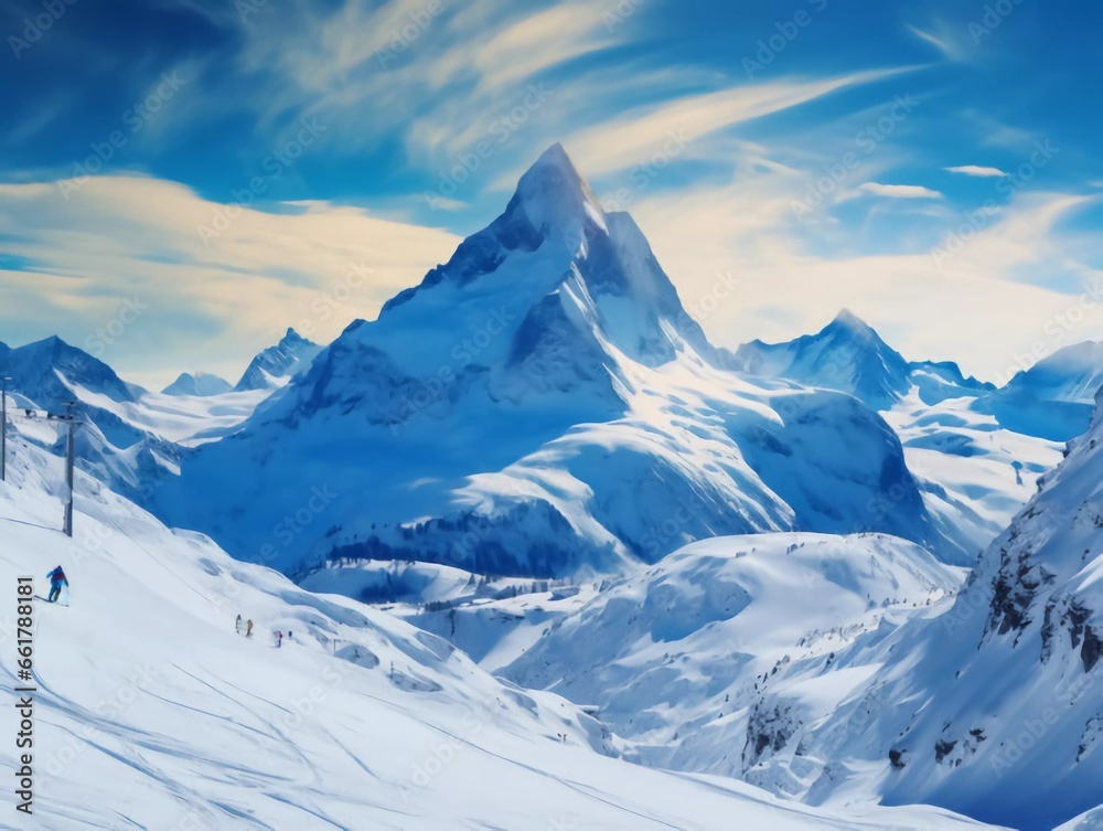 Snow-capped mountains with skiers carving down the slopes., Ai generator