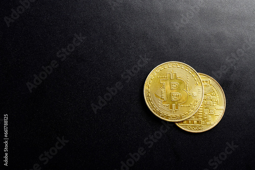 Top view of bitcoin with text space on dark bckground photo