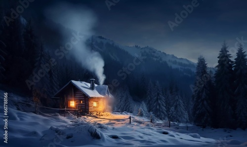 A cozy cabin nestled in the woods with smoke curling from its chimney against a snowy backdrop, ai generator