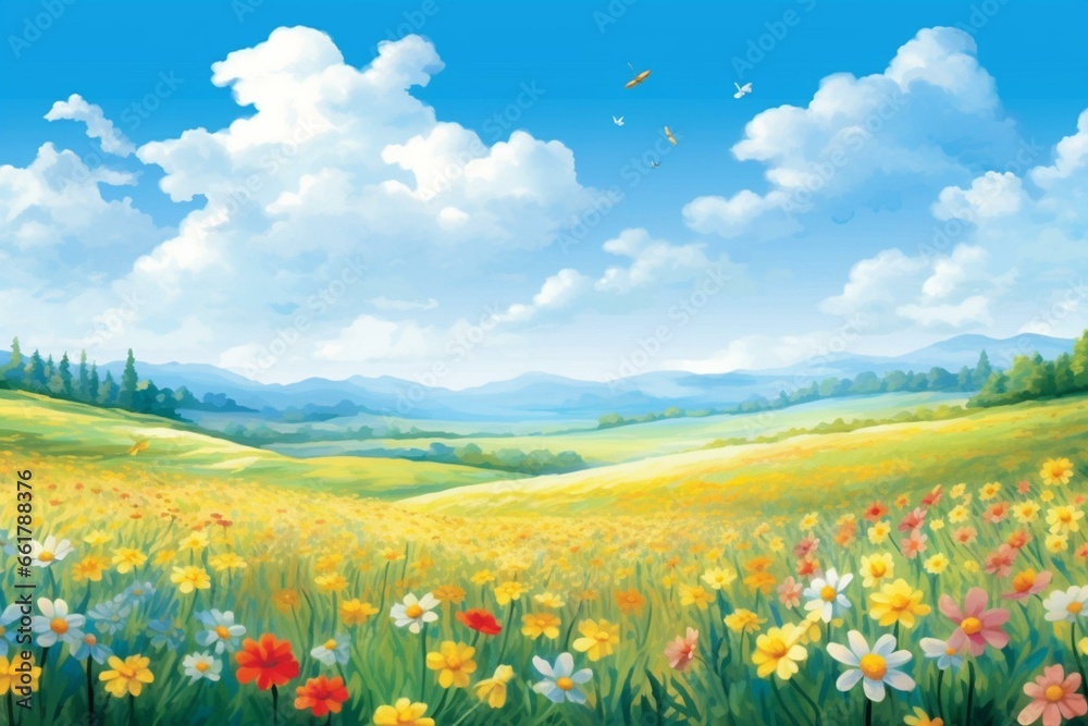 Spring flower field and blue sky illustration background for Easter. Generative AI