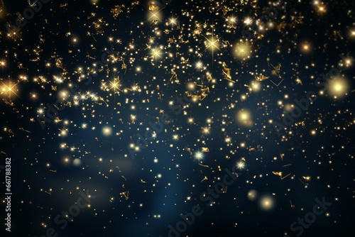 Night sky filled with sparkling stars, shimmering confetti cascading. Magical luminous Christmas stars fly, illuminating the scene. Generative AI © Jovana