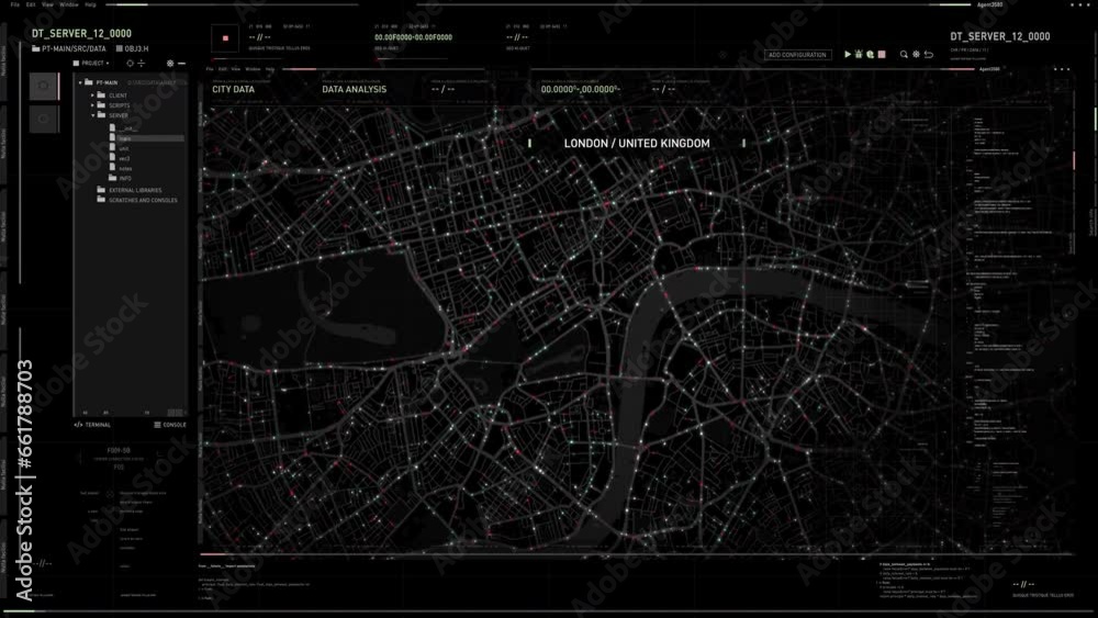 Futuristic internet navigation tracking technology looking for a target car. Navigation tracking internet system searching for gps signal. Navigation tracking internet program collecting position data
