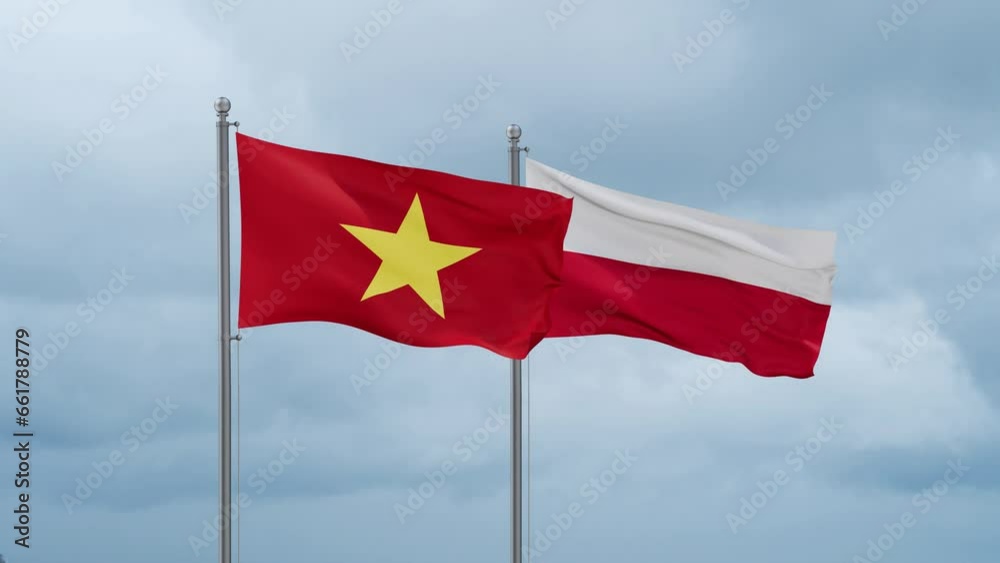 Poland and Vietnam flag waving together on cloudy sky, endless seamless loop, two country cooperation concept Poland and Vietnam flag waving together on cloudy sky, endless seamless loop, two country cooperation concept