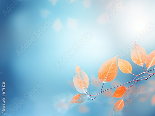 Leaves with a blurred background  featuring a blend of light azure and orange  in a neon art nouveau style against a matte backdrop