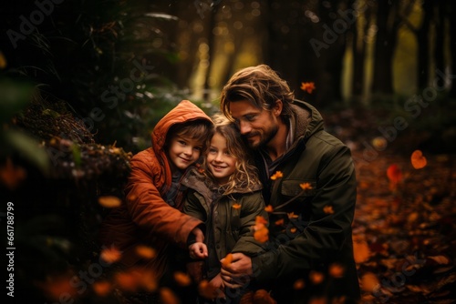 Family outdoor nature session. Stock photography. Father and kids. Warm love pure emotions.