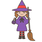 Cartoon child dressed as a cute witch for Halloween