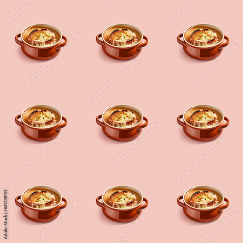 Delicious French Onion Soup food seamless photo pattern on a solid color background