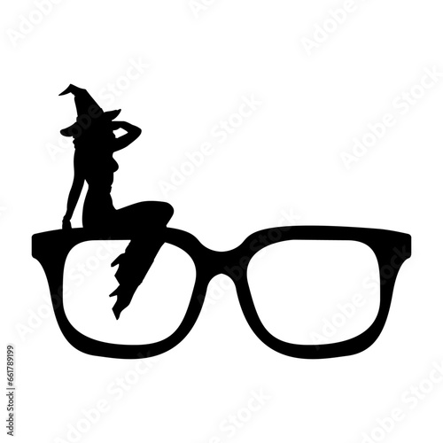 Logo con silueta de bruja sexy con sombrero sentada en gafas de sol para su uso en invitaciones y tarjetas de Halloween