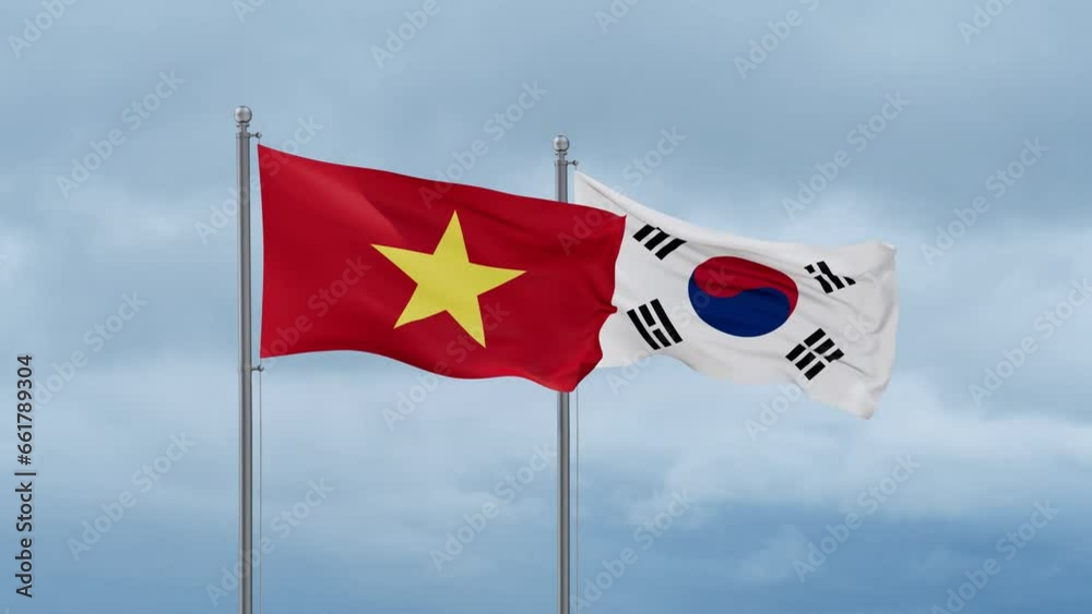 South Korea or Republic of Korea or ROK and Vietnam flag waving together on cloudy sky, endless seamless loop, two country cooperation concept