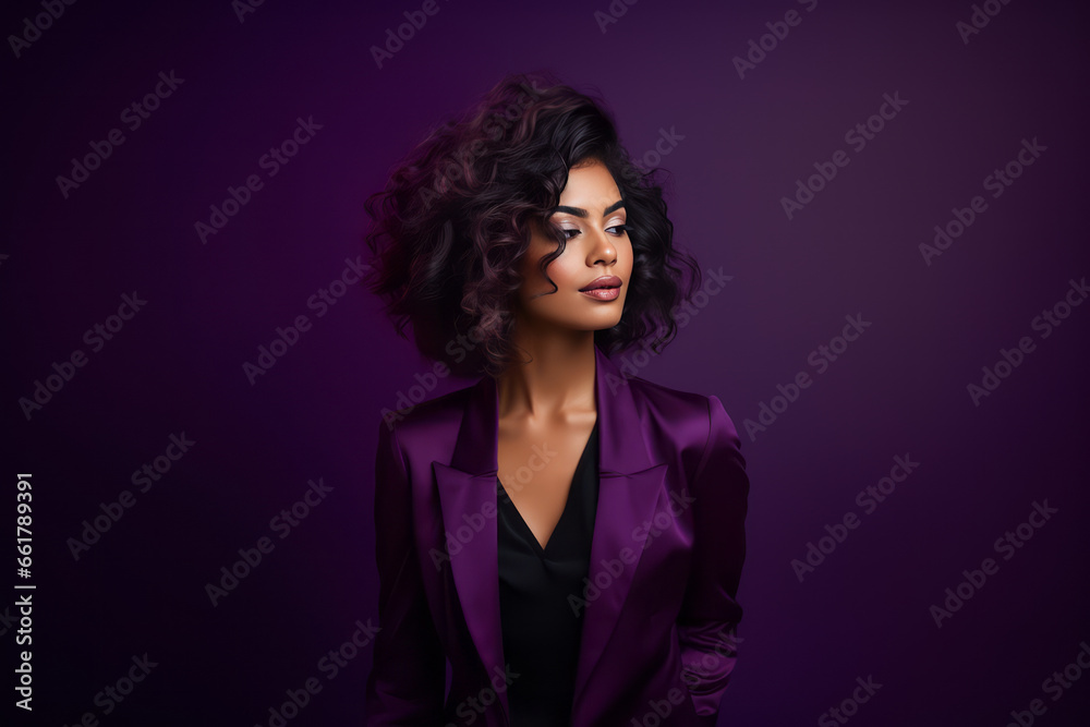 A young business woman against a vibrant dark crimson and black backdrop A young business woman against a vibrant dark crimson and black backdrop