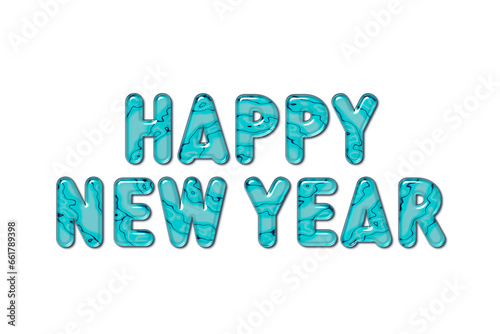 Happy New Year. Blue glass letters against white background. New year's eve, celebration, annual event, happiness, party.