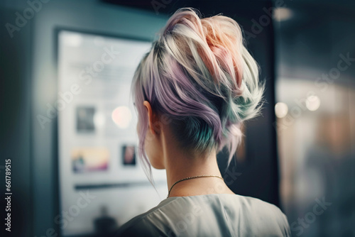 Back view of young woman with multicolored pastel colored hair in short trendy backcombed hairstyle