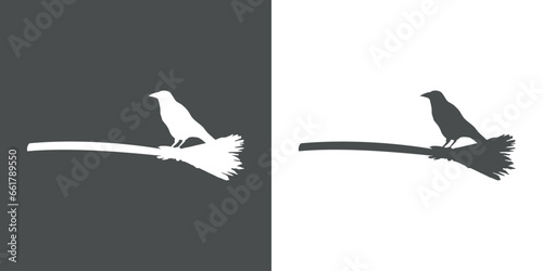 Logo con silueta de cuervo negro en escoba de bruja para su uso en invitaciones y tarjetas de Halloween