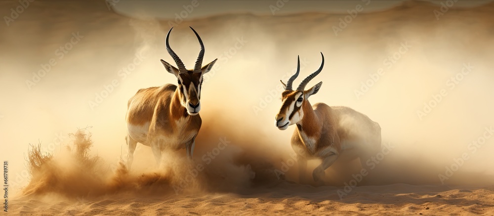South African Springbok battle in dusty Kalahari desert With copyspace for text - obrazy, fototapety, plakaty 