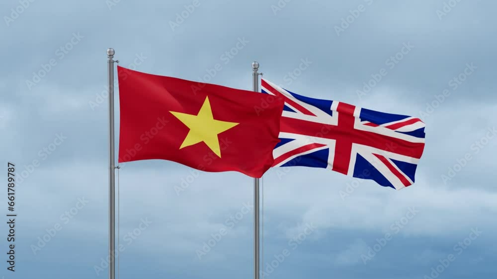 United Kingdom and Vietnam flag waving together on cloudy sky, endless seamless loop, two country cooperation concept United Kingdom and Vietnam flag waving together on cloudy sky, endless seamless loop, two country cooperation concept