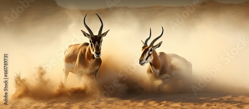 South African Springbok battle in dusty Kalahari desert With copyspace for text photo