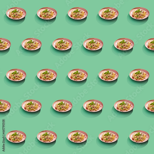 Delicious Pasta food seamless photo pattern on a solid color background