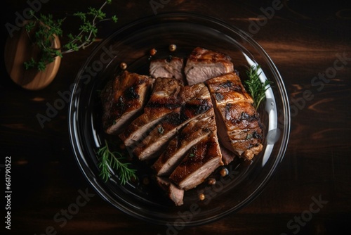 Grilled meat on a plate. Top down. See-through. Generative AI