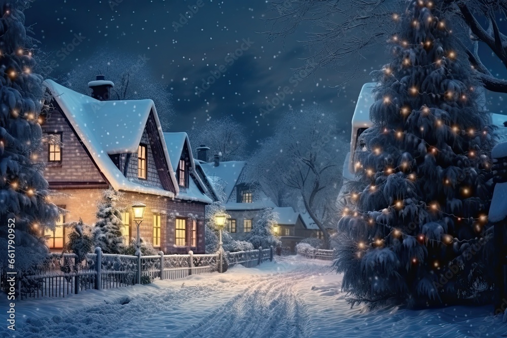 Enchanted Winter Night: Snow-Covered Town Square with Glistening Christmas Tree. Generative AI
