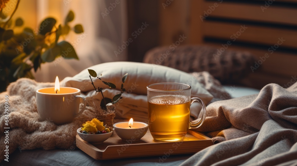 Still life details in home interior of living room. Sweaters and cup of tea with
 serving tray on a coffee table. Breakfast over sofa in morning sunlight. Cozy autumn or winter concept. - obrazy, fototapety, plakaty 