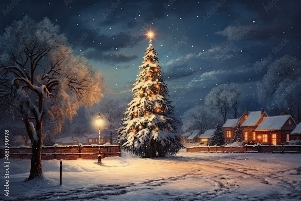 Naklejka premium Enchanted Winter Night: Snow-Covered Town Square with Glistening Christmas Tree. Generative AI