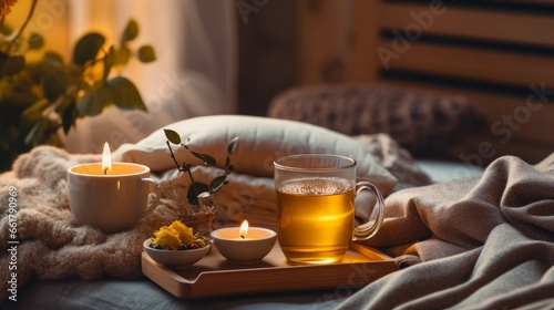 Still life details in home interior of living room. Sweaters and cup of tea with
 serving tray on a coffee table. Breakfast over sofa in morning sunlight. Cozy autumn or winter concept. photo
