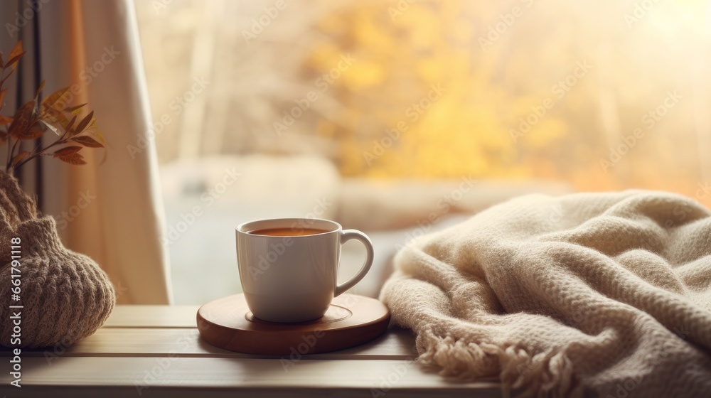 Still life details in home interior of living room. Sweaters and cup of tea with
 serving tray on a coffee table. Breakfast over sofa in morning sunlight. Cozy autumn or winter concept.
