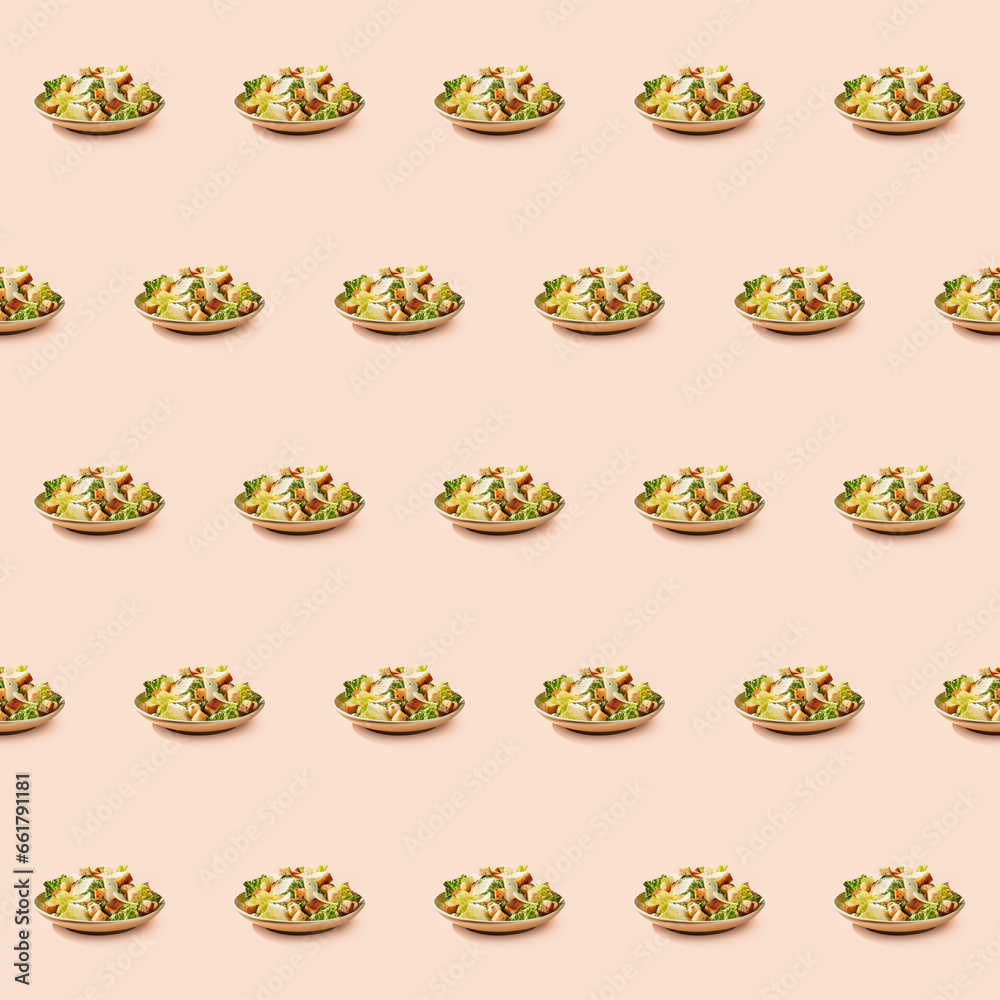 Delicious Caesar Salad food seamless photo pattern on a solid color background Delicious Caesar Salad food seamless photo pattern on a solid color background