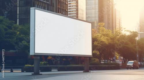 Blank horizontal street poster billboard in morning dawn for marketing or advertisement with copy space