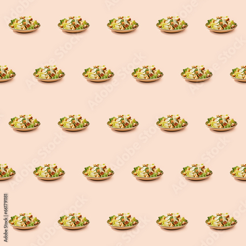 Delicious Caesar Salad food seamless photo pattern on a solid color background