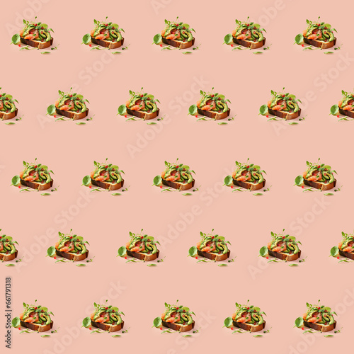 Delicious Avocado Toast food seamless photo pattern on a solid color background