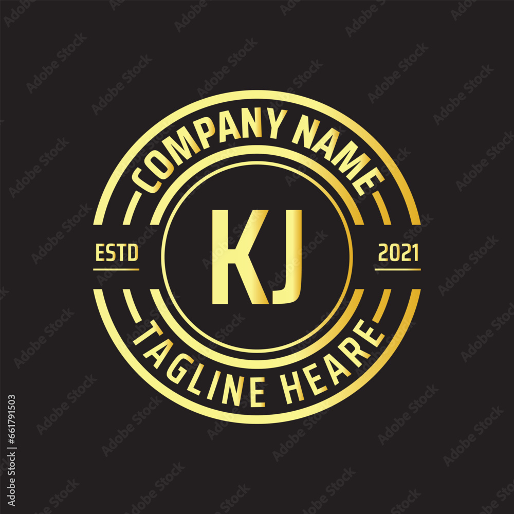 Professional simple Letter KJ Circle Luxury Gold Color Vector Logo Template
