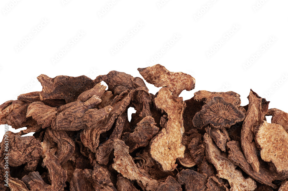 Dried Atractylodes lancea slices on transparent background. Dried Atractylodes lancea slices on transparent background.
